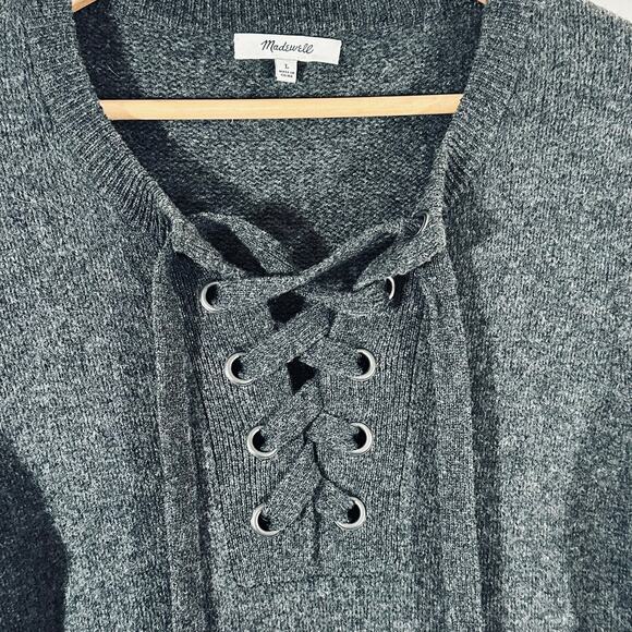 MADEWELL Lace Up Marino Wool Sweater Dress Womans Large Gray Cozy Chic - Picture 7 of 11